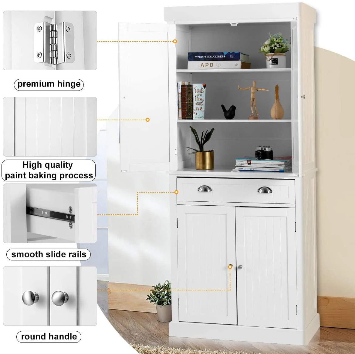 Yoleny Kitchen Pantry, 72” Freestanding Storage Cabinets with Doors and Shelves, Elegant Colonial Design Cabinet Cupboard, White