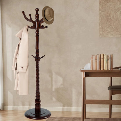 Coat Rack Freestanding, Hall Tree with 11 Hooks, Heavy Duty Wooden Coat Tree Stand, Adjustable Height, Sturdy Base for Bedroom Hallway Office - Load 270lbs