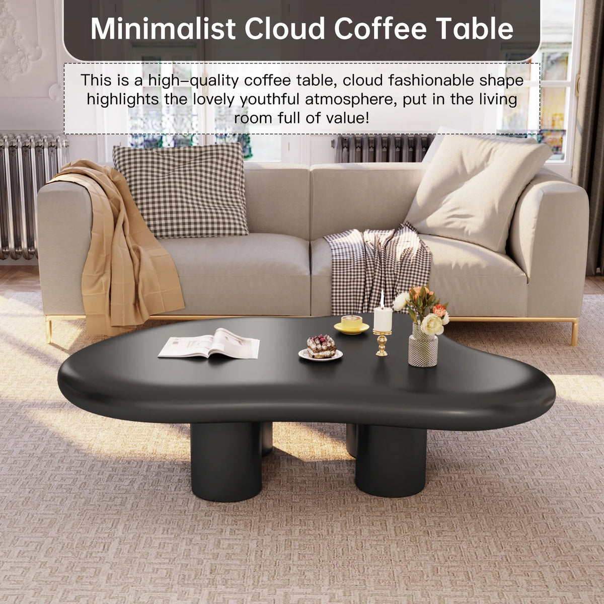 Guyii Cream White Coffee Table with 4 Legs, Irregular Side Table, Modern Wood Tea Table for Living Room, Apartment, Office