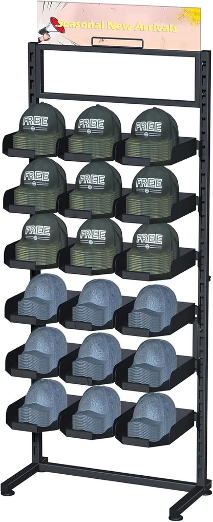 Ztysn 6 Tier Baseball Hat Rack Stand, Holds 180 Caps, 18 Trays, Adjustable Standing Coat Rack for Home Commercial Use,Black Metal