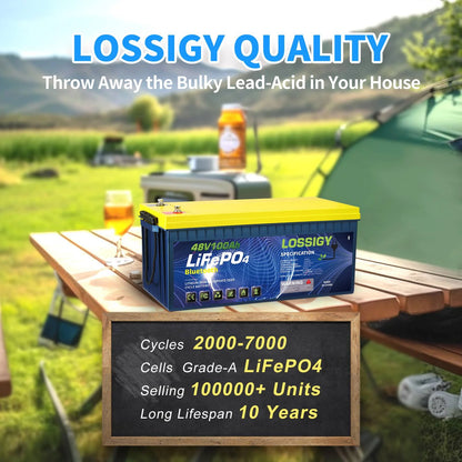 LOSSIGY 48V 100AH LiFePO4 Lithium Golf Cart Battery with 48V18A Charger, Perfect for Solar System, Marine, 5120Wh 5000+ Deep Cycles, Built in BMS with 10 Yrs Lifespan