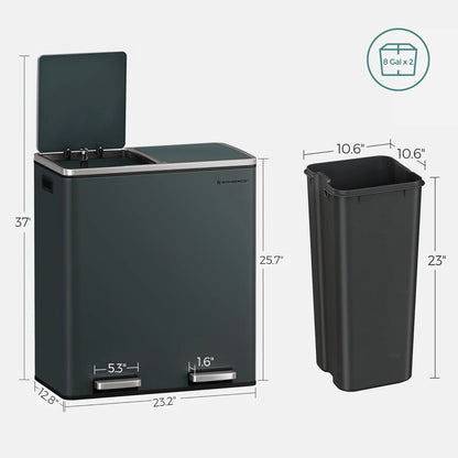 16 Gallon Dual Trash Can, Rubbish Bin and 15 Trash Bags, Metal, Almond Color