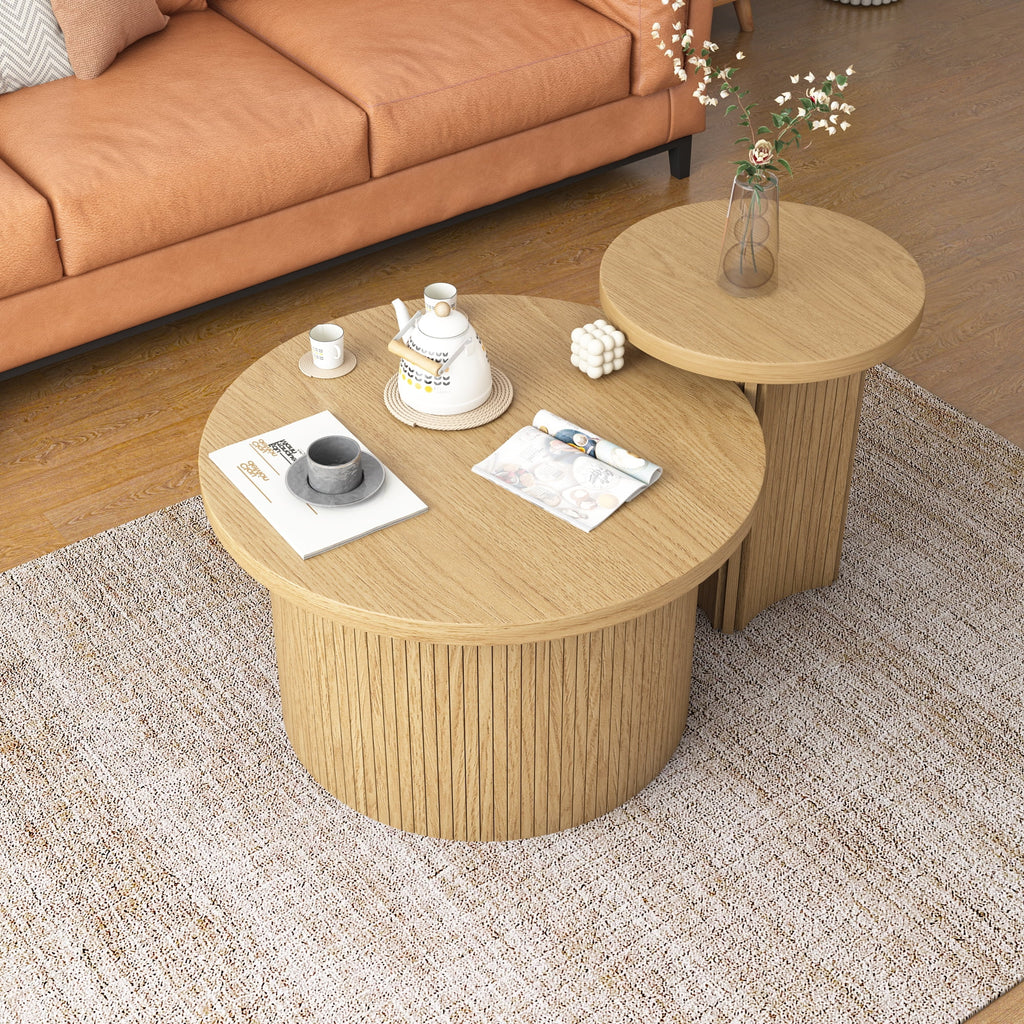 Nesting Coffee Table Set of 2, Wooden Round Coffee Table, Modern Circle Side Table, Accent End Side Table for Living Room, Office, Balcony