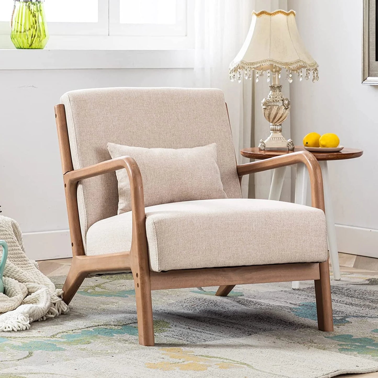 Bonzy Home Mid Century Modern Accent Chair, Single Fabric Lounge Reading Armchair with Solid Wood Frame, Easy Assembly Arm Chairs for Living Room, Beige