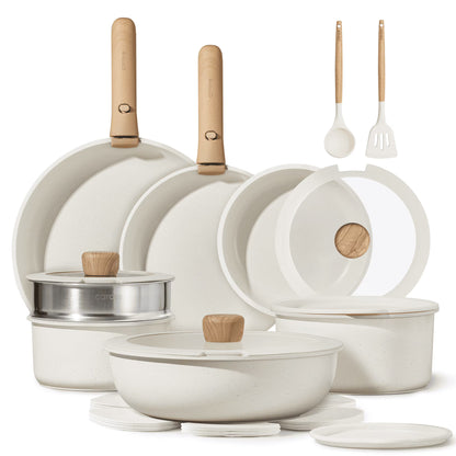 Carote 21 Pcs Nonstick Cookware Set, Pots and Pans Set with Detachable Handles, Oven/Dishwasher Safe, Stackable Kitchen Cooking Set, White Granite.