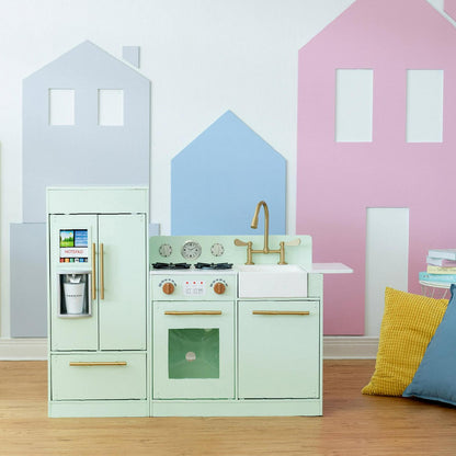 Teamson Kids Little Chef Charlotte Play Kitchen Set – Toddler Wooden Kitchen Playset with Stove. Sink &amp; Refrigerator. Toy Cooking Set for Ages 1-7. Mint/Gold