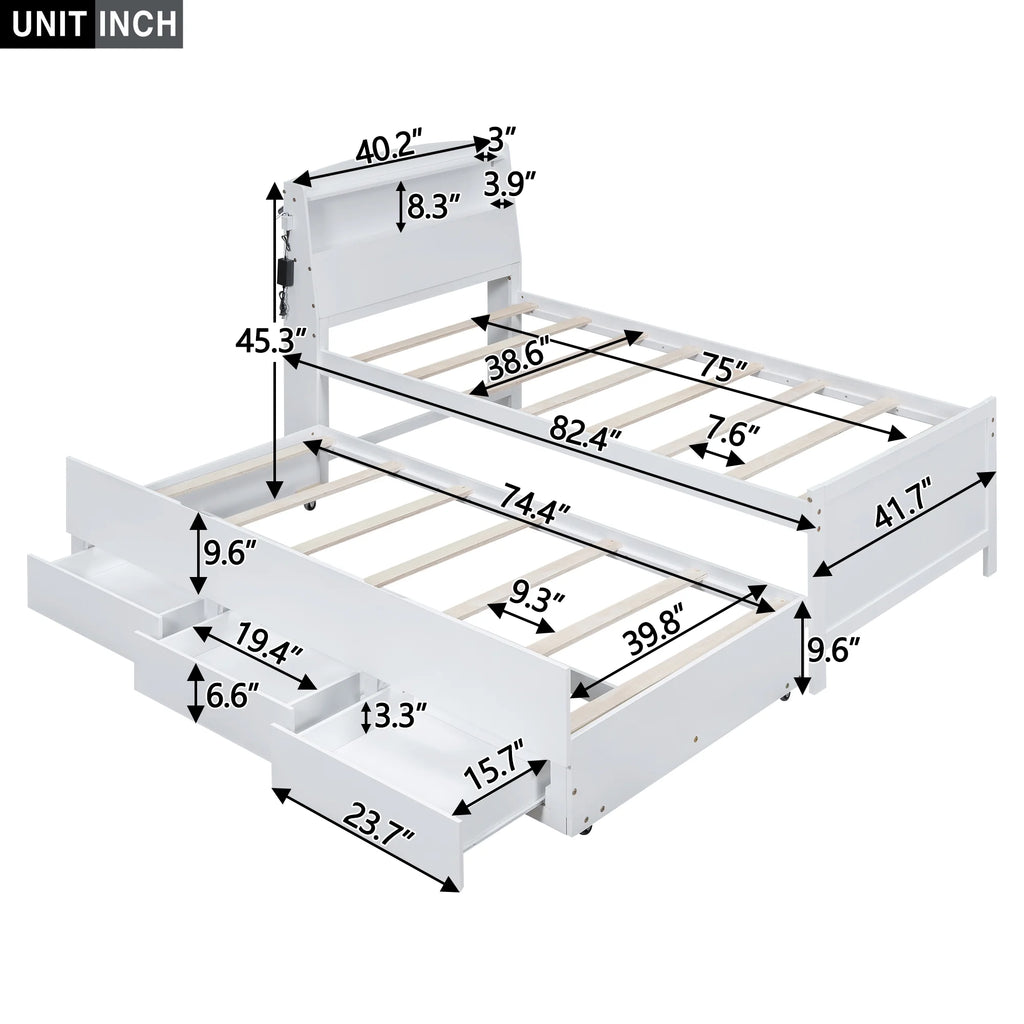 Euroco Wood Twin Size Platform Bed with Storage Headboard, Drawers Trundle and LED Light, White