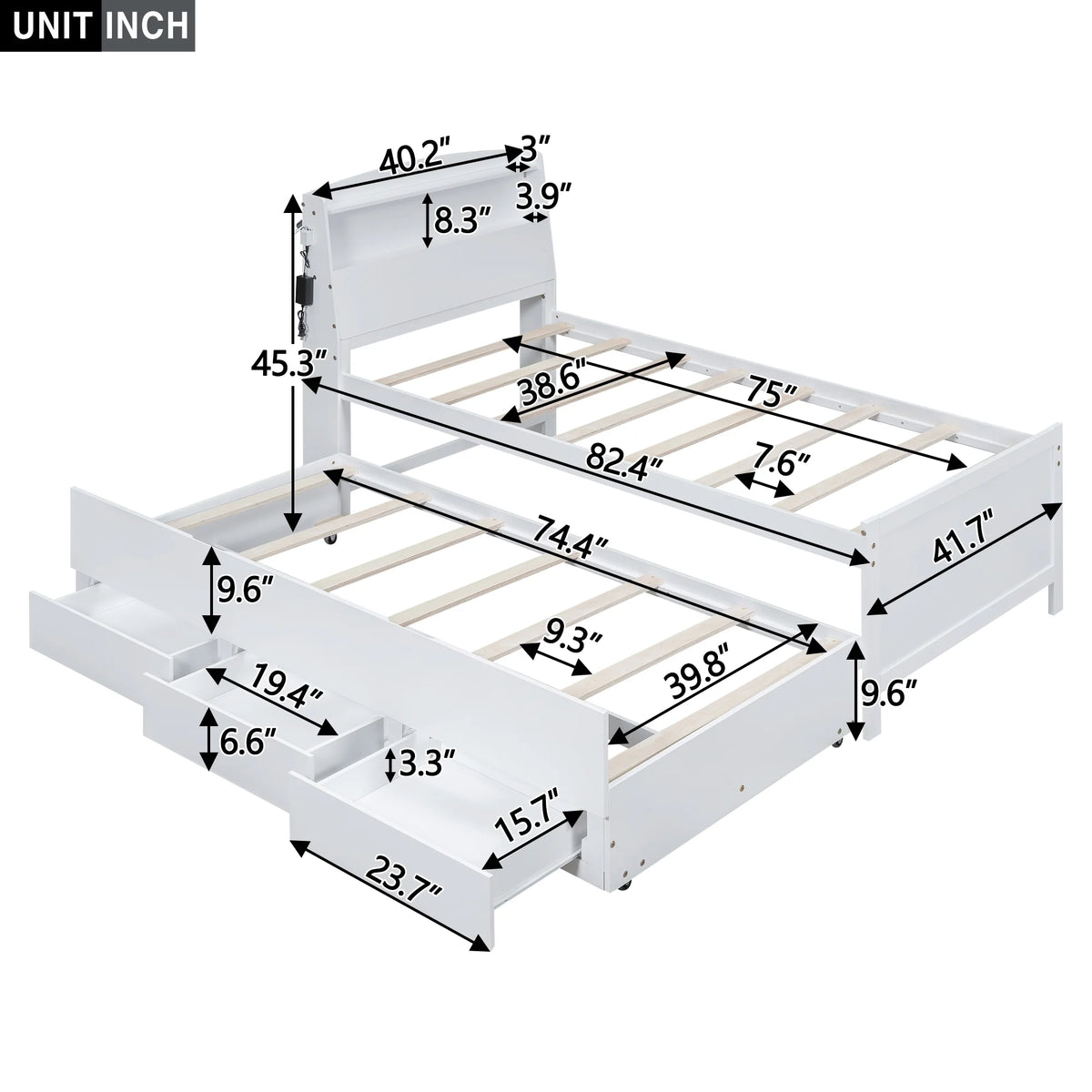 Euroco Wood Twin Size Platform Bed with Storage Headboard, Drawers Trundle and LED Light, White