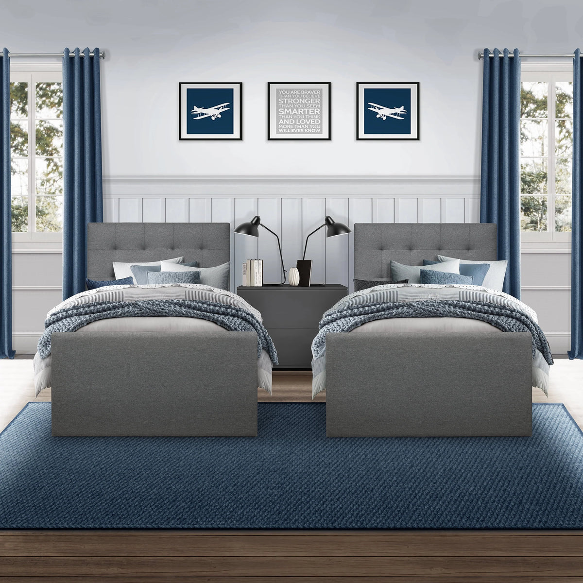 Emory Upholstered Twin Platform Bed with 2 Storage Drawers, Gray, by Hillsdale Living Essentials