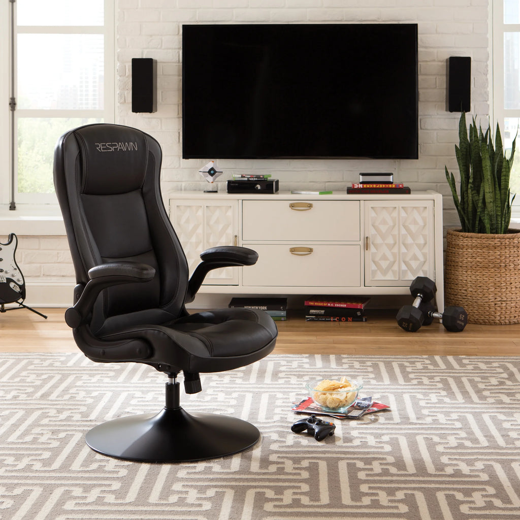 RESPAWN 800 Swivel Rocker Gaming Chair - Ergonomic Floor Gaming Seat with Lumbar Support, Flip Up Armrest, High Back, Pedestal Base, Comfortable No Wheels Console Video Game Rocker Chair - Red
