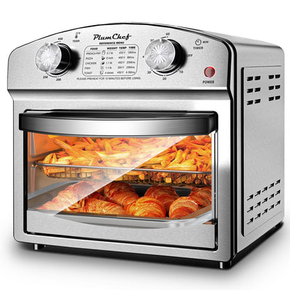 PlumChef 12 Quart 4 Slices Air Fryer Convection Toaster Oven, 1500W , 4 Cooking Modes,  7 in 1 Multifunction with Roast,  Bake, Grill, Broil, Toast, Dehydrate, Defrost, Stainless Stee