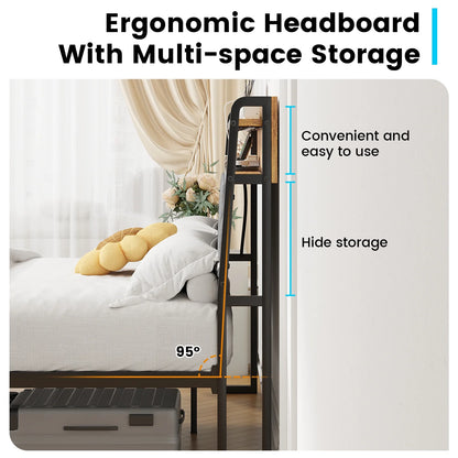 Meteorleg Twin Size Bed Frame with Storage Headboard & Charging Station,Platform Metal Bed Frame with RGB Lights,Grey