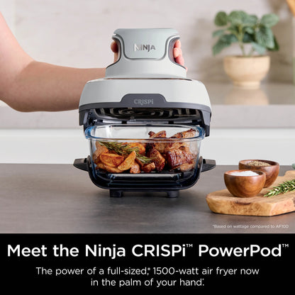Ninja Crispi 3-in-1 Portable Glass Air Fryer Cooking System, 1500W, 4-Qt & 5-Cup TempWare Glass Containers with Storage Lids, Microwave, Freezer & Dishwasher Safe, White, FN100WH
