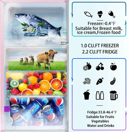 HUMSURE 3.2 Cu.Ft Pink Mini Fridge With Freezer, Compact Dorm Refrigerator, 2 Doors for Bedroom, Office, Kitchen, Apartment