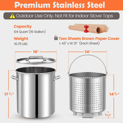 64QT Stainless Steel Seafood Boil Pot with 200,000BTU Single Burner Propane Stove, Heavy Duty Propane Burner For Outdoor Cooking Turkey Fryer, Crawfish Boil, Homebrewing
