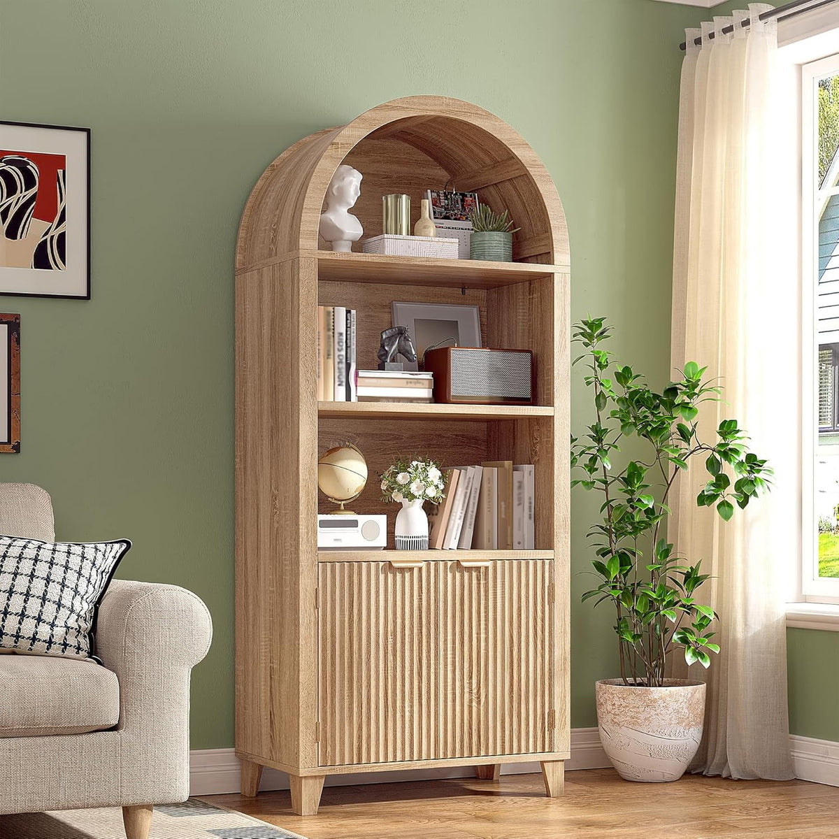 Bookshelf Arched Cabinet,5-Tier Arched Bookcase with Doors and Adjustable Shelves,Wooden Storage Cabinet with Open Display Shelf for Office,Living Room��Light Oak