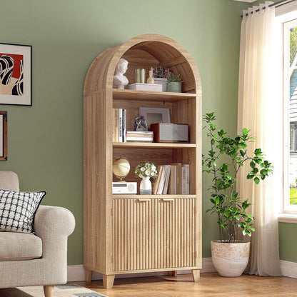 Bookshelf Arched Cabinet,5-Tier Arched Bookcase with Doors and Adjustable Shelves,Wooden Storage Cabinet with Open Display Shelf for Office,Living Room��Light Oak