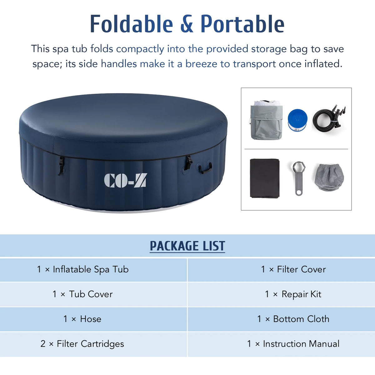 CO-Z 5x5ft PVC Square Inflatable Spa Tub & 120 Massaging Jets for Patio & More for 4-person Blue