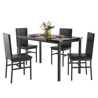 5 Piece Dining Set, Modern Dining Table and Chairs Set for 4, Counter Height Bar Table Set, Modern Pub Table with 4 Velvet Fabric Cushioned Stools, Faux Marble Dining Table & Stools Set, D9297