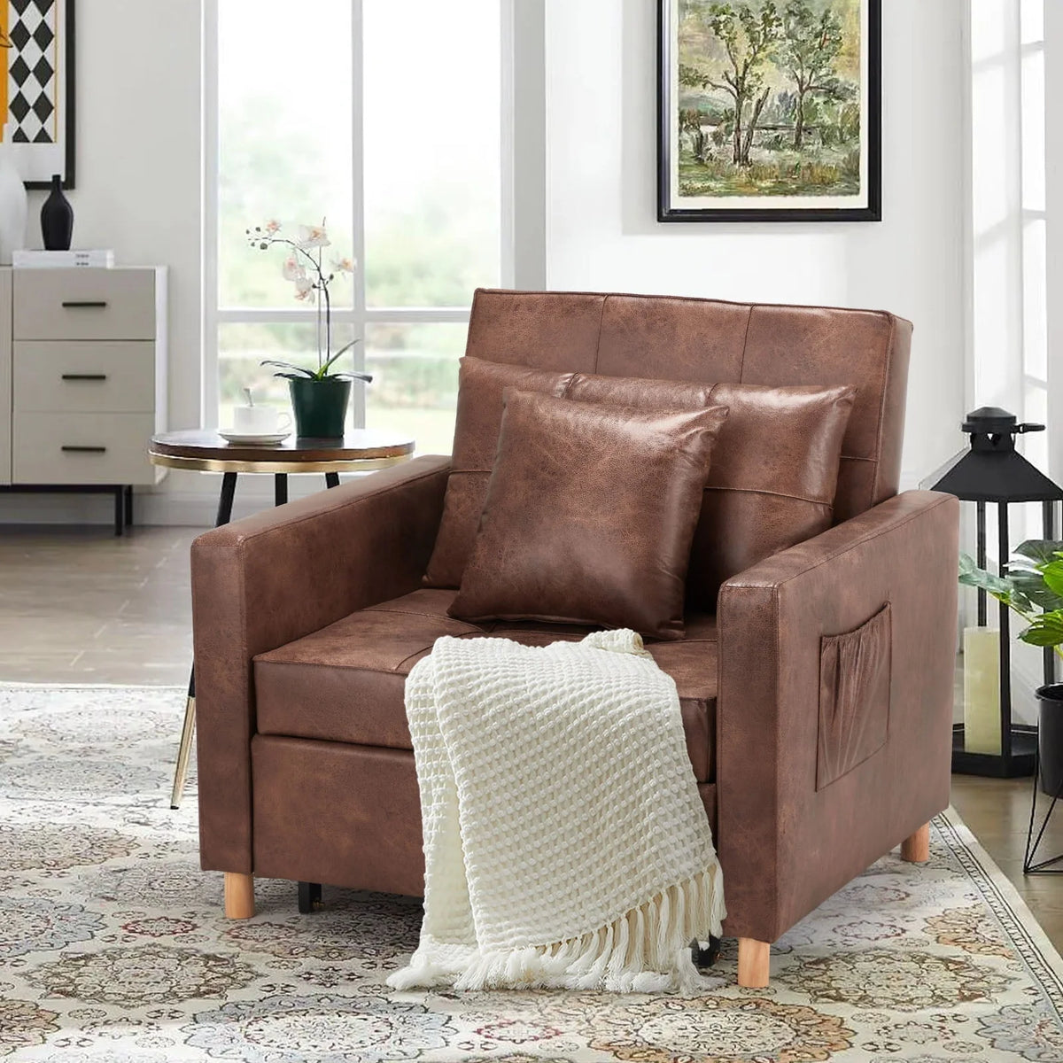 YODOLLA 3-in-1 Sofa Bed Chair, Convertible Sleeper Chair Bed-Saddle Brown