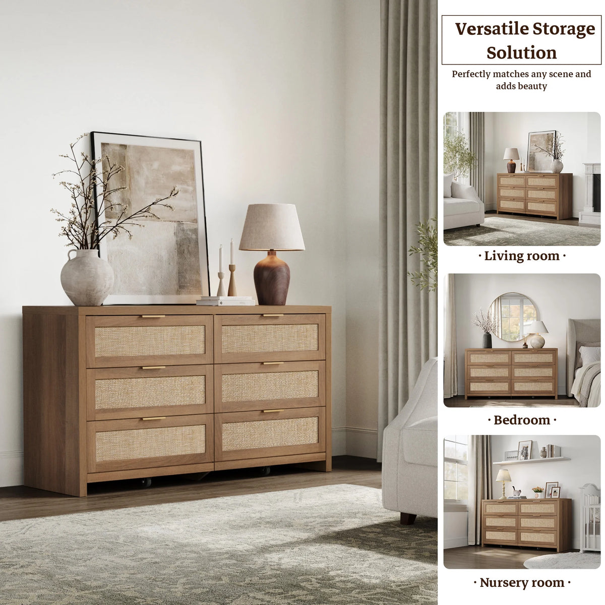 SICOTAS 56.85" 6 Drawer Dresser,Rattan Dresser with Storage,Boho Dressers & Chests of Drawers Wooden Tall  Dresser for Bedroom