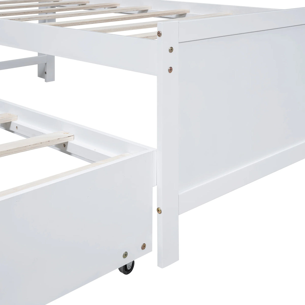 Euroco Wood Twin Size Platform Bed with Storage Headboard, Drawers Trundle and LED Light, White
