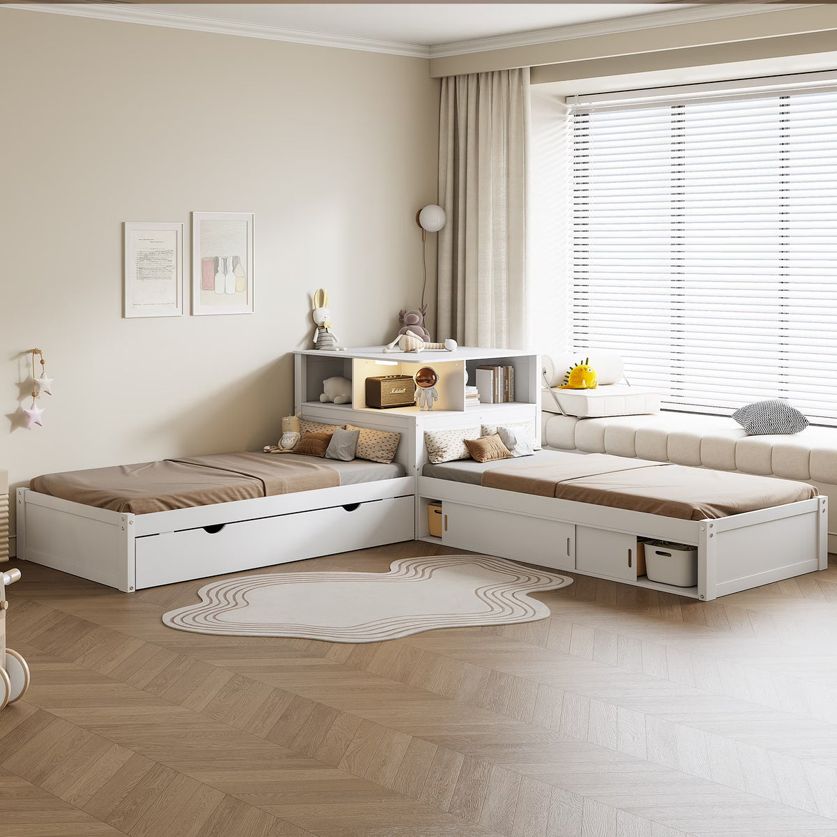 Euroco Pine Wood L-Shaped Twin Platform Bed with Storage Desk, Cabinets, Trundle and LED Light for Kids Teens, Gray