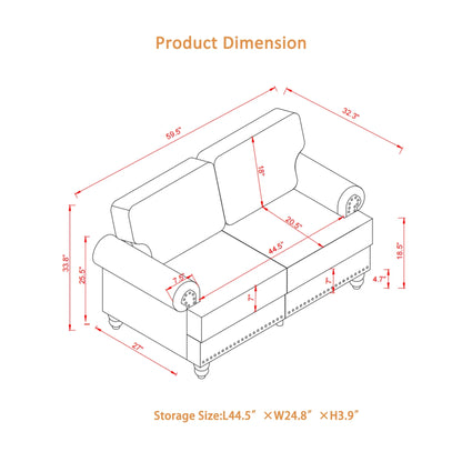 2 Piece Living Room Sofa Set, Modern Leather 3 Seater and Loveseat Sofa with Storage Seats and Rolled Nails Arms for Living Room, Brown