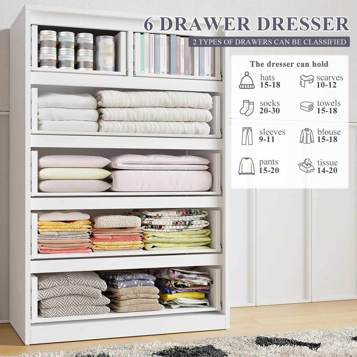 EnHomee White Dresser for Bedroom Wood 6 Drawer Modern Storage Cabinet for Bedroom Living Room Closet, 43.3"Hx 27.5"Lx 15.7"D