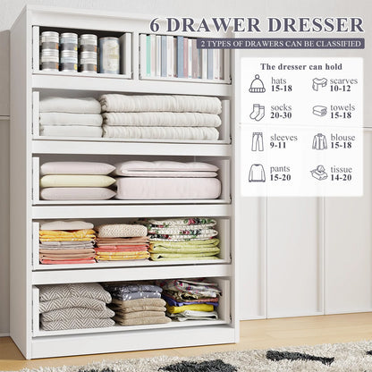 EnHomee White Dresser for Bedroom Wood 6 Drawer Modern Storage Cabinet for Bedroom Living Room Closet, 43.3"Hx 27.5"Lx 15.7"D