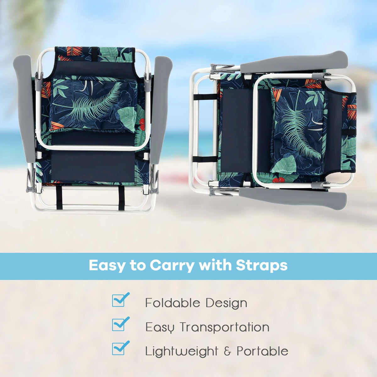 Costway 2-Pack Folding Backpack Beach Chair Table Set 5-Position Outdoor Reclining Chair Pink