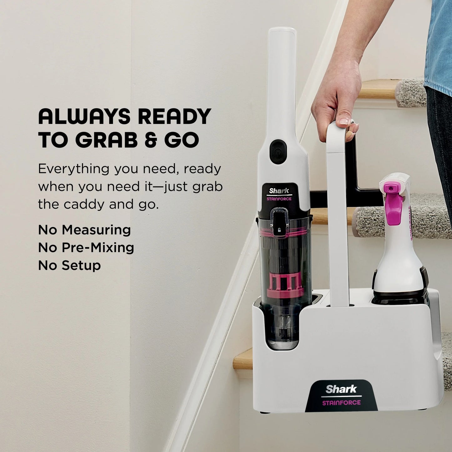 Shark StainForce Cordless Portable Spot, Stain, & Odor Remover System for Carpets, Area Rugs, Upholstery, Stairs, Cars, with Storage Caddy, and Full-Size Cleaning Solution, White, HX100