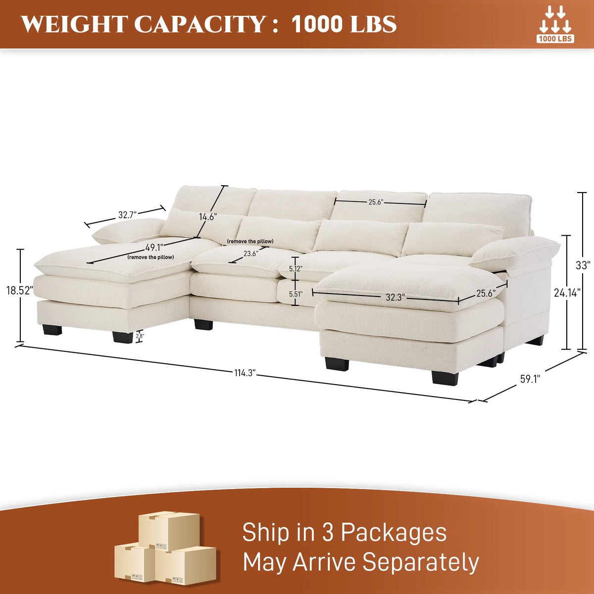 Rophefx 114.3" U Shaped Sectional Couches for Living Room,Cloud Couch,4 Seats Chenille Couch with Double Layer Cushion,Orange