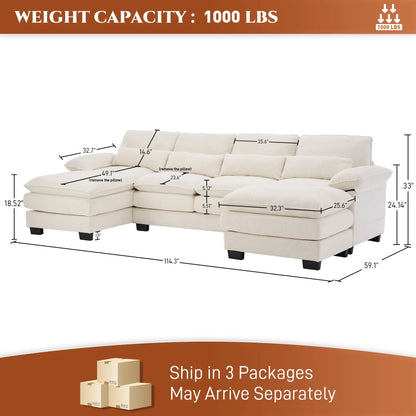 Rophefx 114.3" U Shaped Sectional Couches for Living Room,Cloud Couch,4 Seats Chenille Couch with Double Layer Cushion,Orange