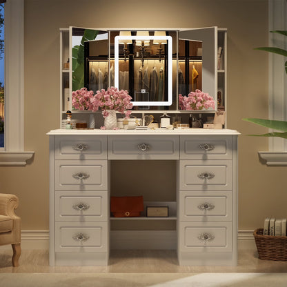 OXYLIFE Vanity Desk with Lighted Mirror, Makeup Dressing Table with 9 Drawer and Drawer Divier for Bedroom