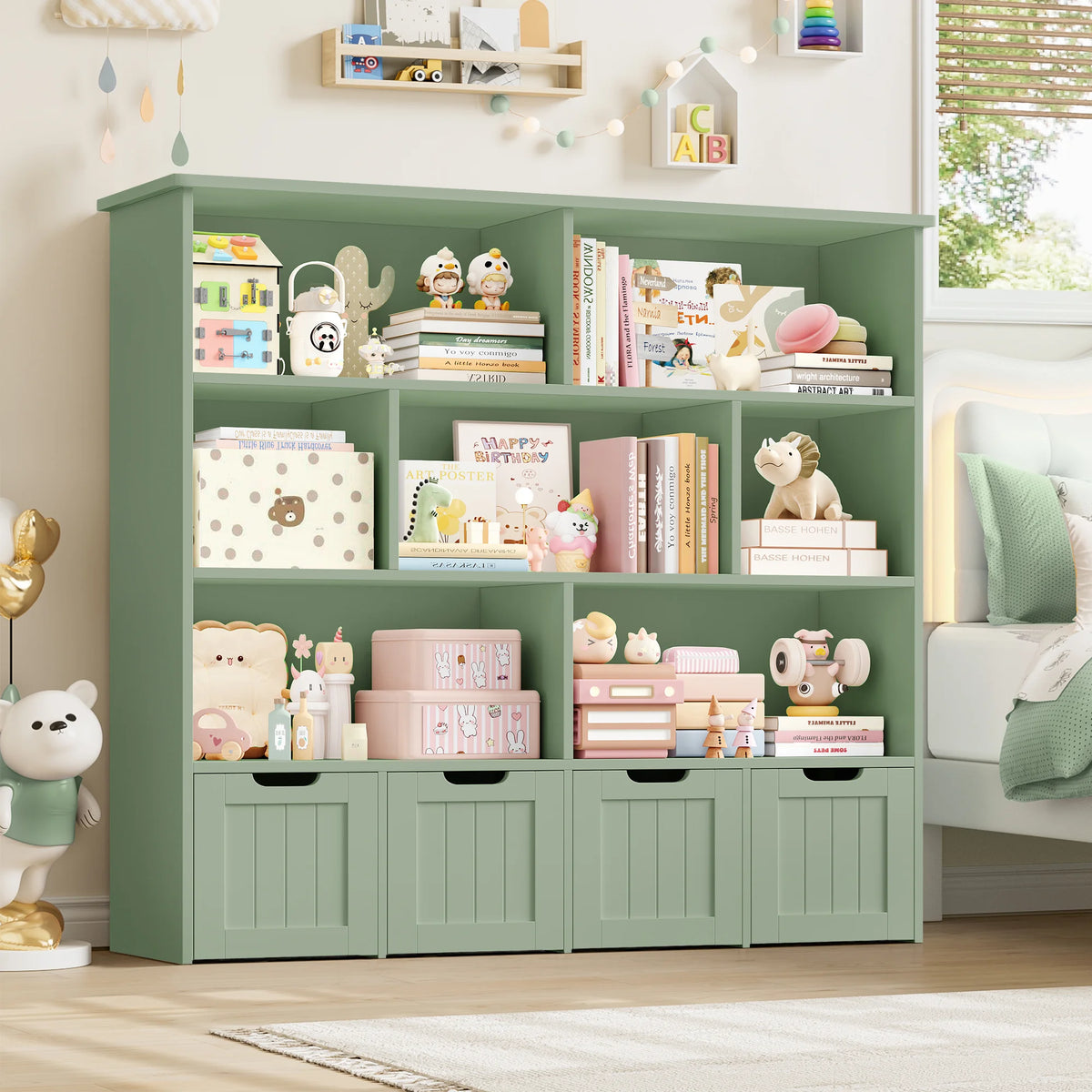 Homfa 7 Cube Toy Storage Organizer, Kids Geometric Bookcase and Bookshelf with 4 Drawers, White