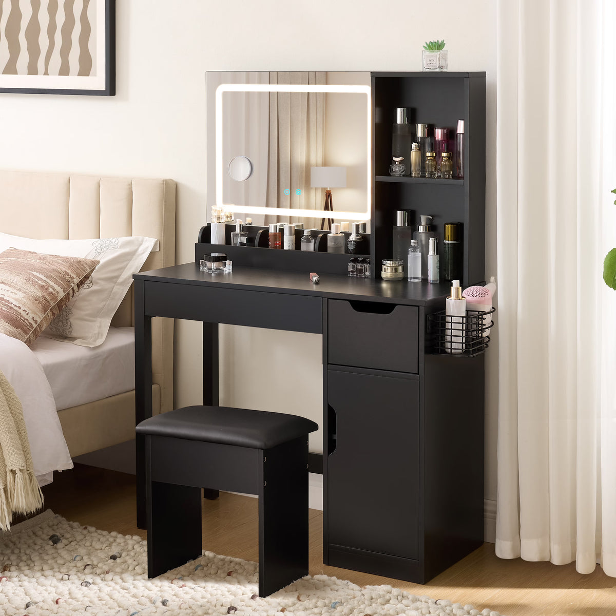 Mainstays Get Ready with Me GRWM Deluxe 2-Piece Vanity and Stool with Lighted Mirror and USB Power, White Finish