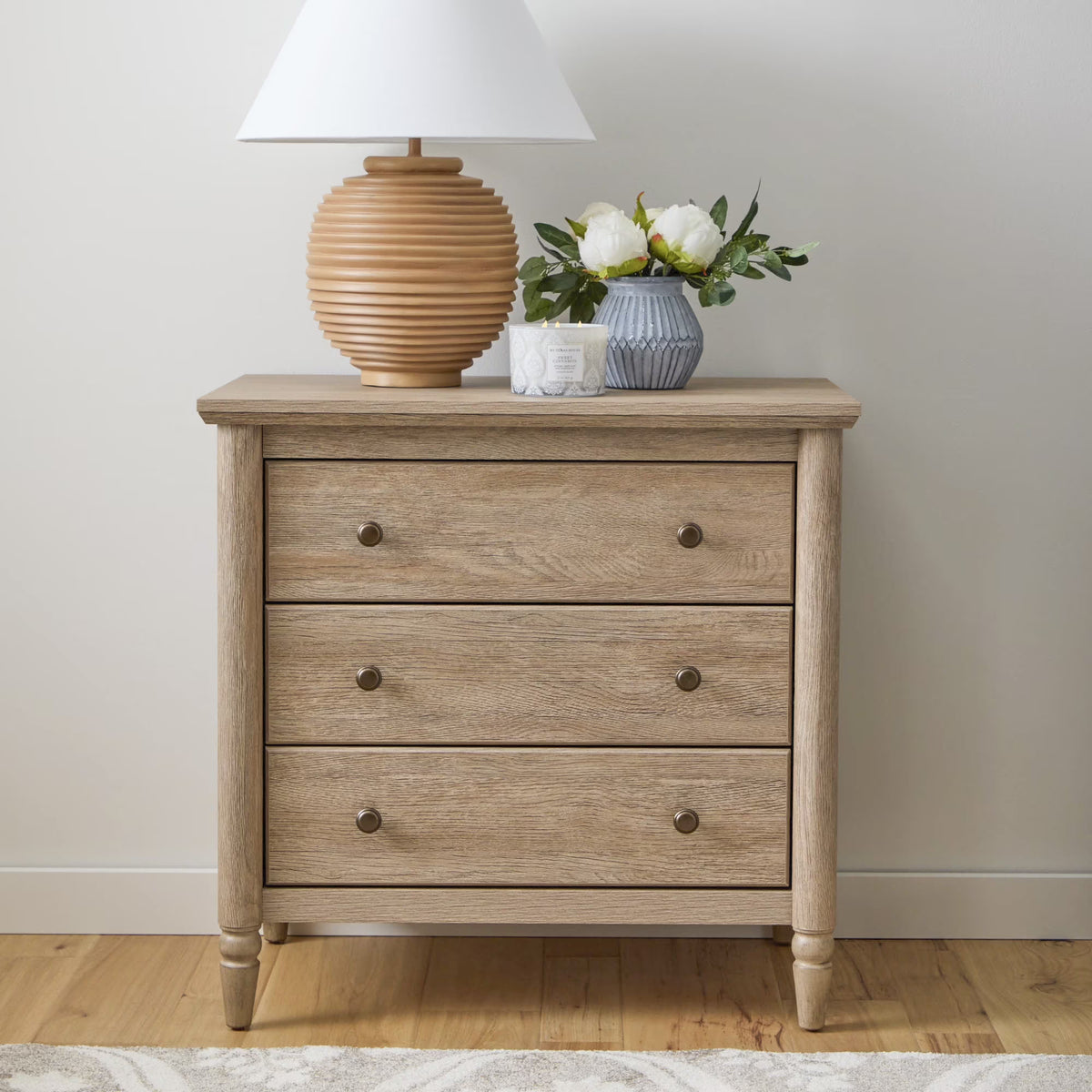 My Texas House Monroe 3 Drawer Nightstand with USB, Brushed Oak Finish
