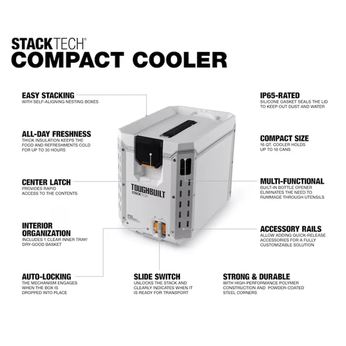 ToughBuilt StackTech Compact Cooler, Stackable 16 Quart Hard Shell Ice Chest, White