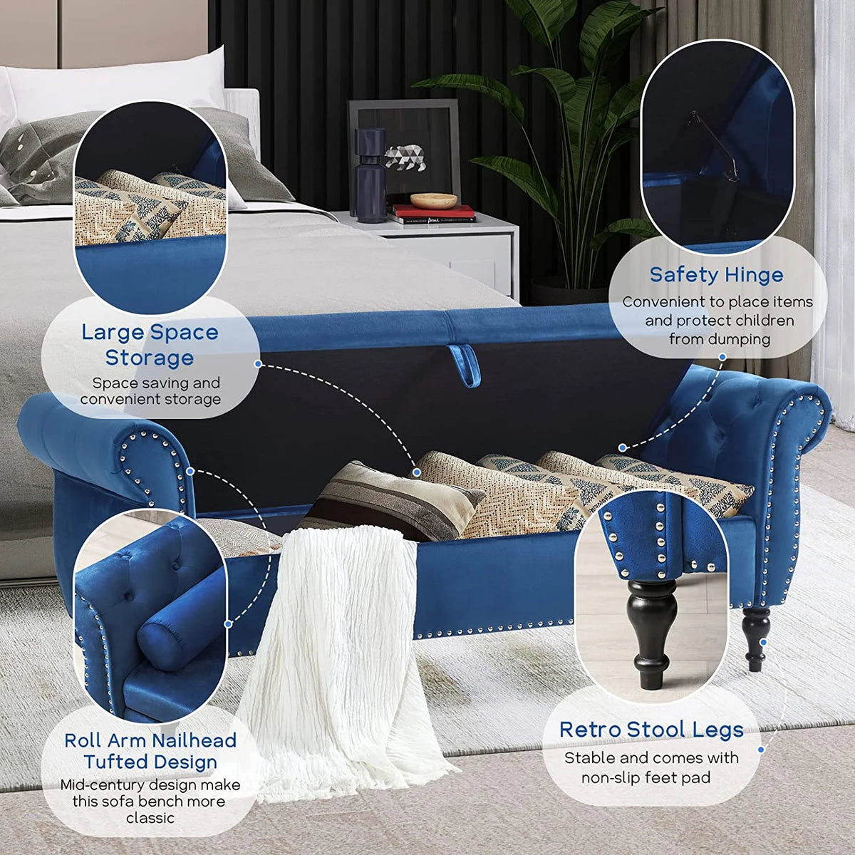 Sumdeal 43.5" Storage Ottoman Bench with 250lb Seating, Linen Upholstered Wood Legs Safety Hinge Flip Top Oval Foot Rest Long Stool for Sofa Couch Bedroom End of Bed Living Room Entryway, White