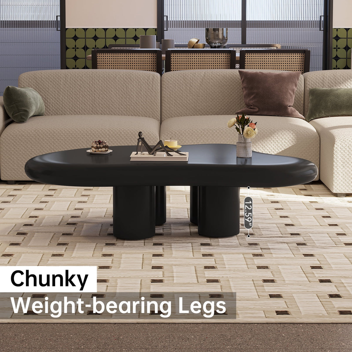 Guyii Cream White Coffee Table with 4 Legs, Irregular Side Table, Modern Wood Tea Table for Living Room, Apartment, Office
