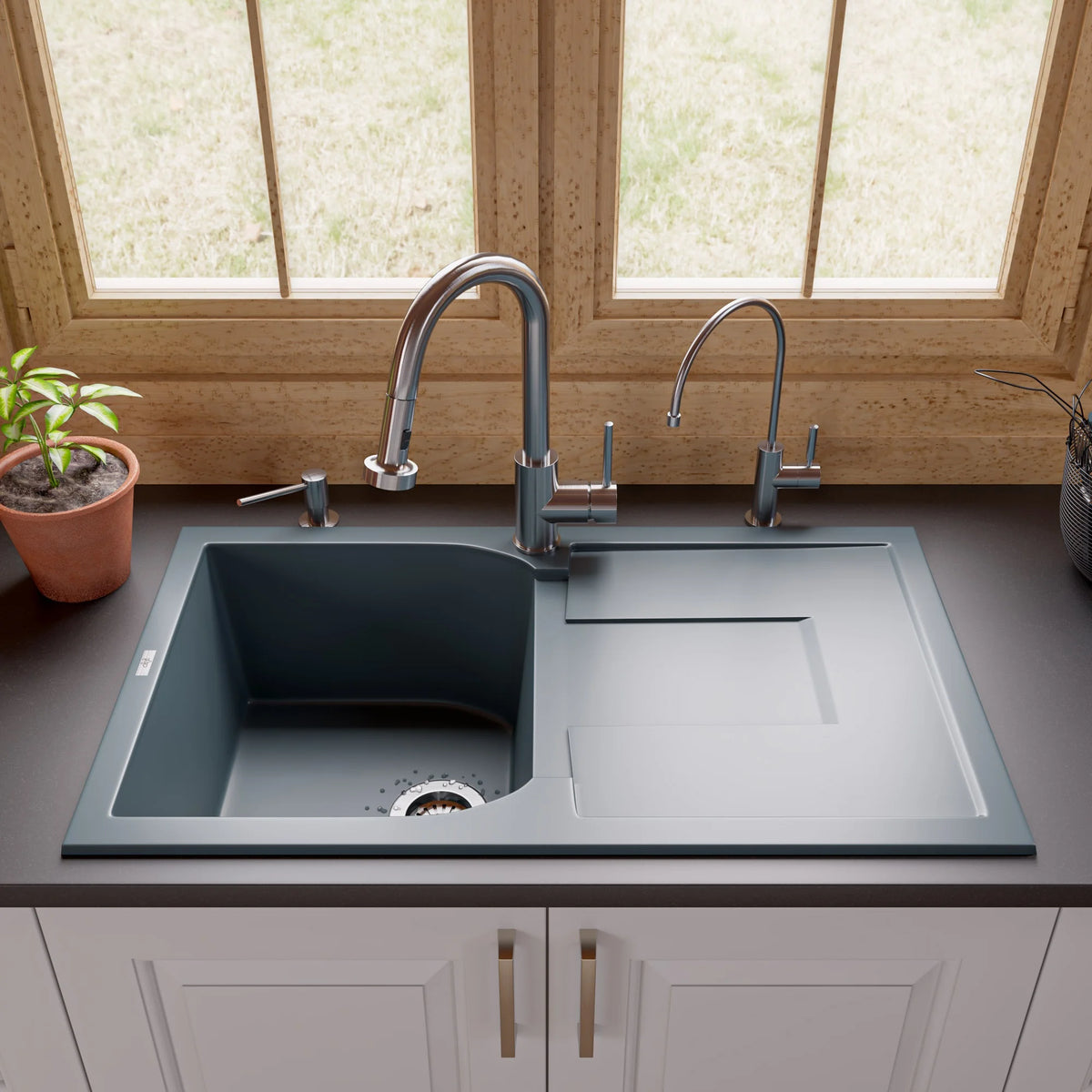 ALFI brand AB1620DI-BLA Black 34" Single Bowl Granite Composite Kitchen Sink with Drainboard