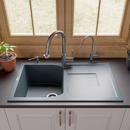 ALFI brand AB1620DI-BLA Black 34" Single Bowl Granite Composite Kitchen Sink with Drainboard