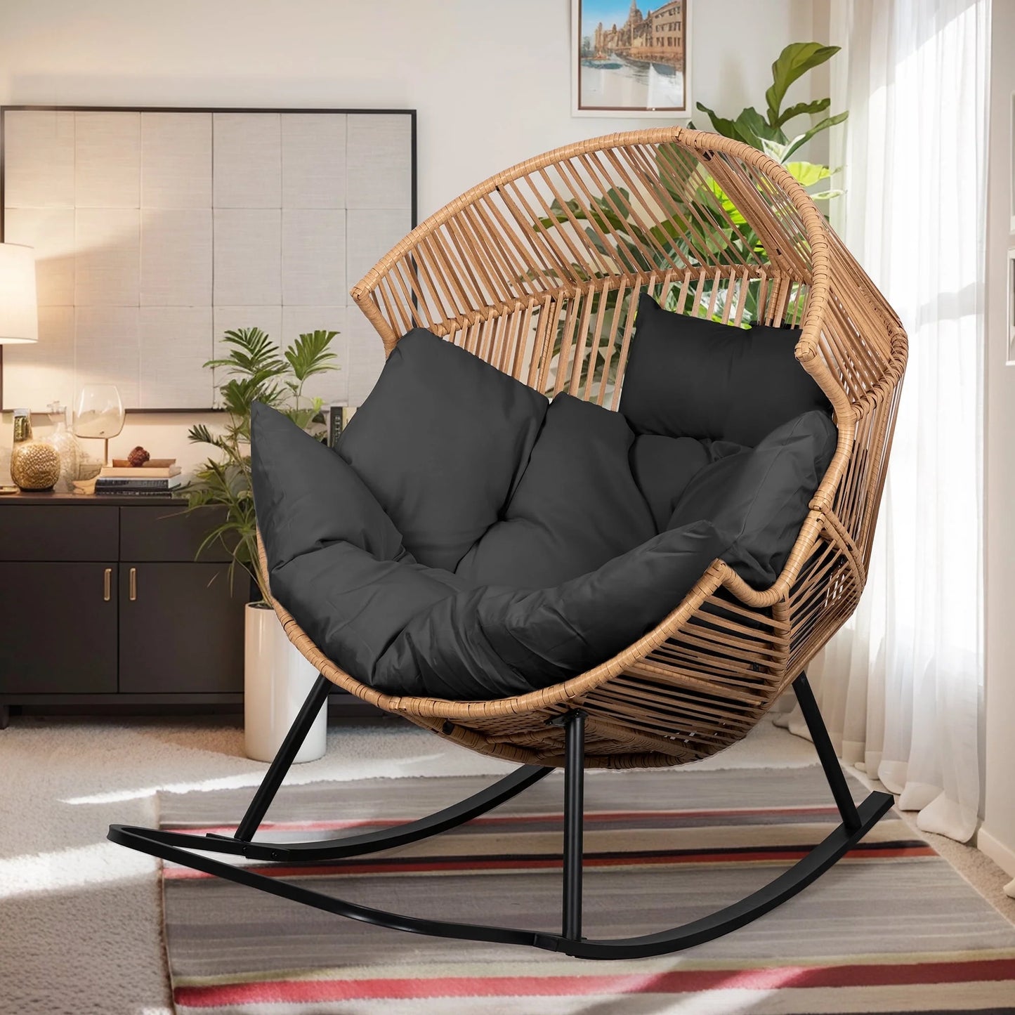 Walsunny Egg Chairs Outdoor Patio Wicker Oversized Egg Shell Lounger Lawn Chair with Cushion for Indoor Outside Porch Balcony Backyard, Original Wood Color Rattan Beige Cushion