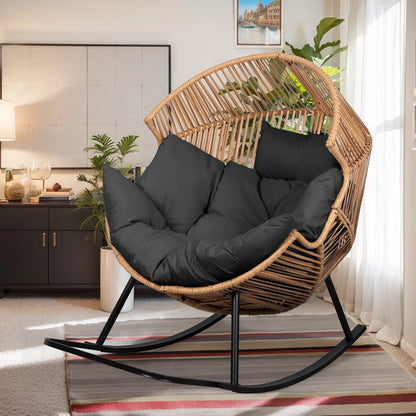 Walsunny Egg Chairs Outdoor Patio Wicker Oversized Egg Shell Lounger Lawn Chair with Cushion for Indoor Outside Porch Balcony Backyard, Original Wood Color Rattan Beige Cushion