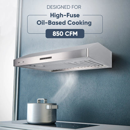 Pacific Economy Pro Under Cabinet Ducted Range Hood 30 inch - 850 CFM 3-Speed Powerful Kitchen Vent Hood - Electric Stainless Steel - Ultra Quiet, Glass Touch Control, 6W LED Lights PR6830AS
