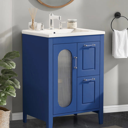Soges 24" Bathroom Vanity with Ceramic Sink, Solid Wood Bathroom Makeup Cabinet with Door, Adjustable Shelf and 2 Drawer, Free Standing Single Basin Vanity Set for Small Bathroom, White
