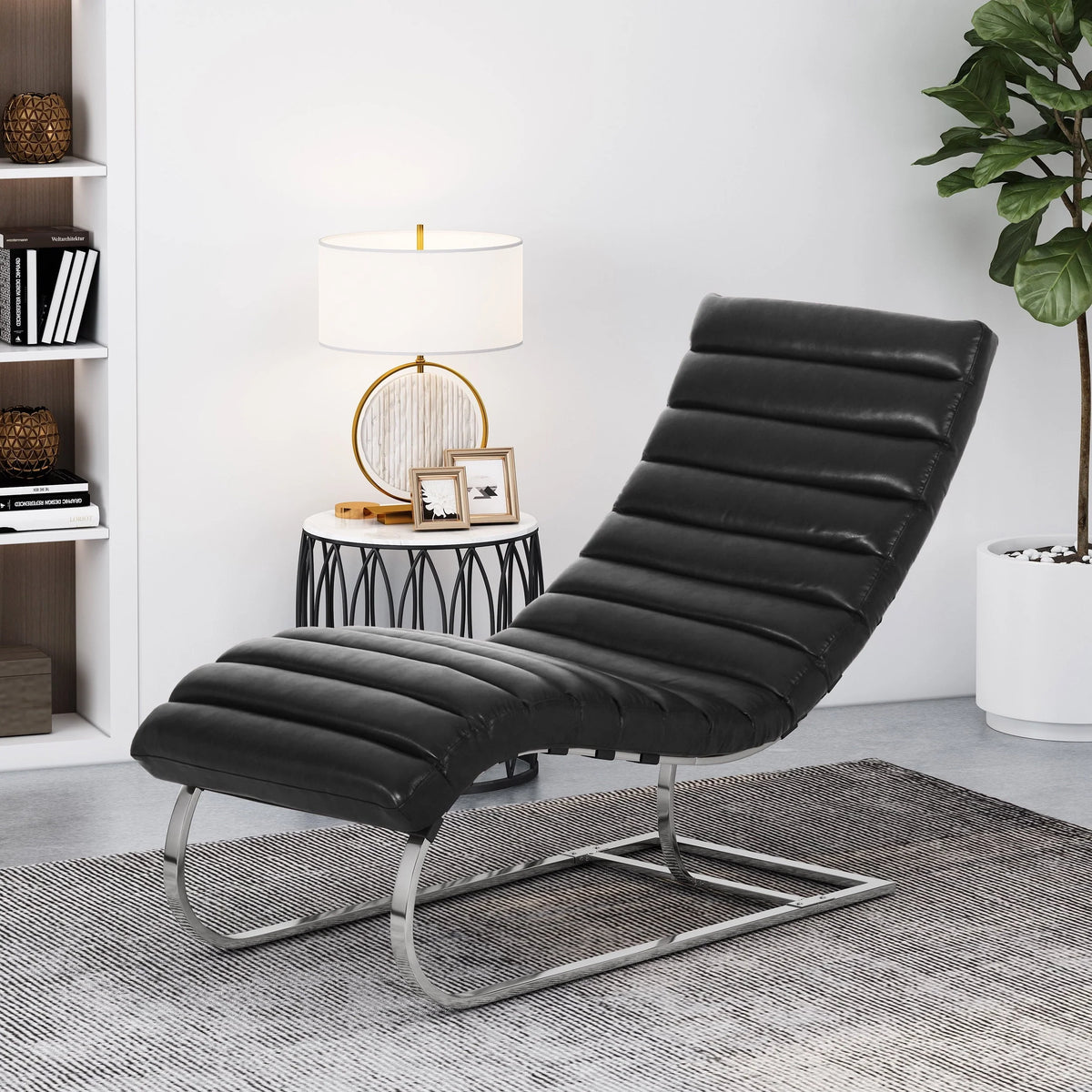 Zarae Modern Channel Stitch Chaise Lounge, Midnight Black and Silver