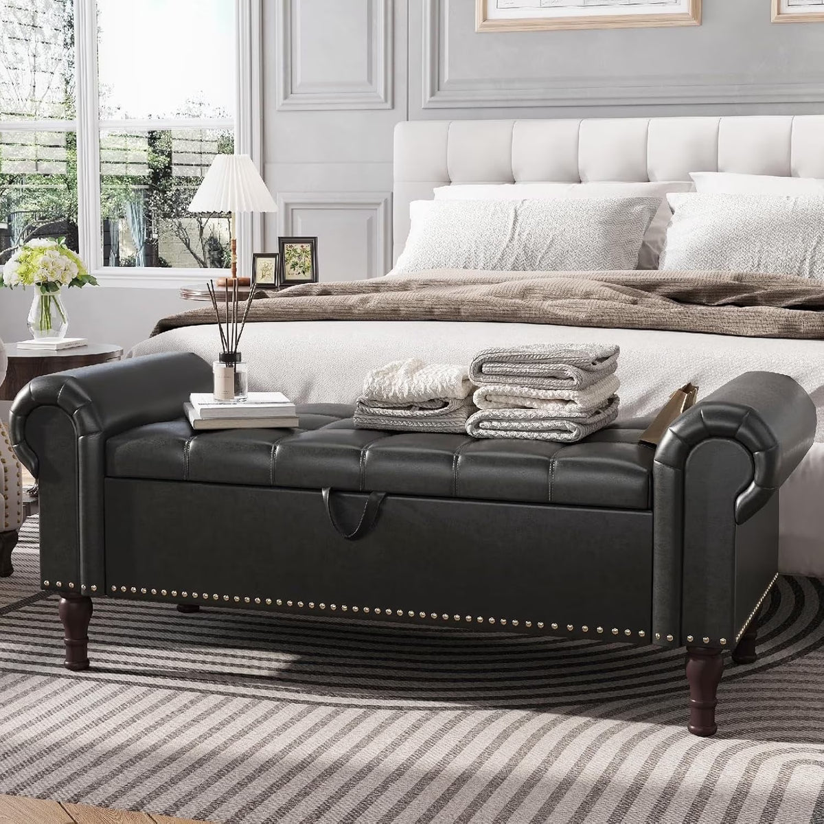YOUDENOVA Storage Ottoman Bench for Bedroom 51" Queen Leather Storage Bench with Button, Upholstered Bedroom Bench with Rolled Arms for Living Room, Storage Room, Entryway, Gray