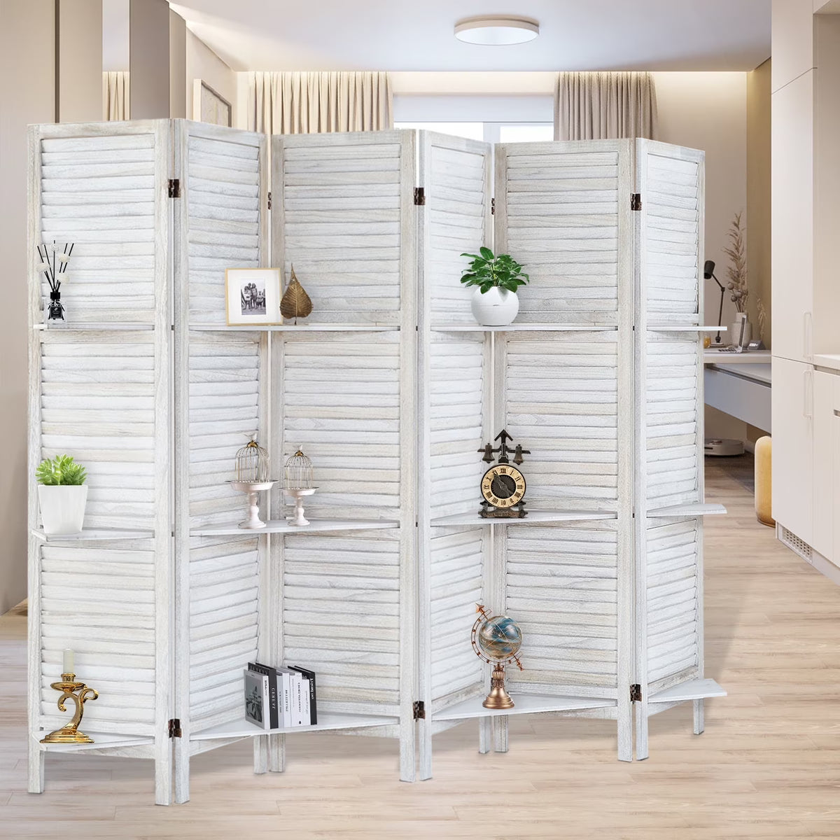 6-Panel Room Divider with Shelves5.6ft Tall Folding Privacy Screen Panels, Room Divider Wall, Divider for Room Separation, Room Divider ShelvesEffectively Block SightNatural